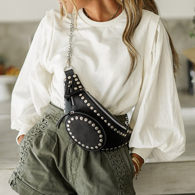 CARRIE BELT BAG - BLACK LEATHER STUDDED DETAILS